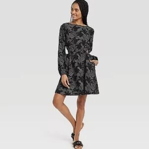 Women's Balloon Long Sleeve Mini A line  Floral Dress Black Universal Thread